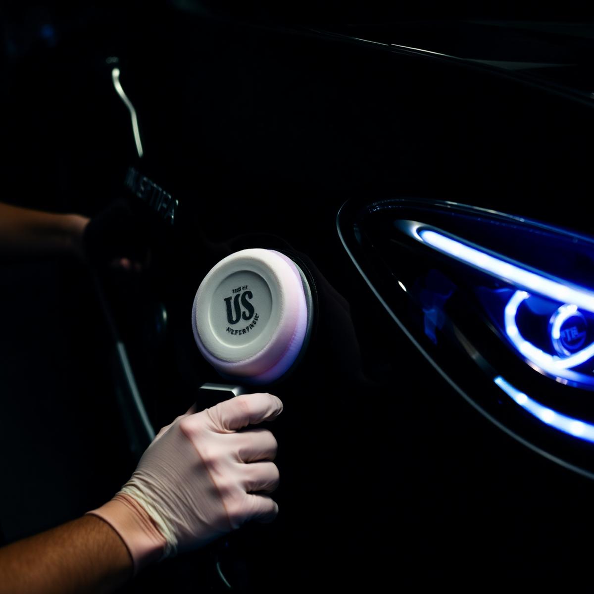 Detailer machine-polishing a black luxury vehicle