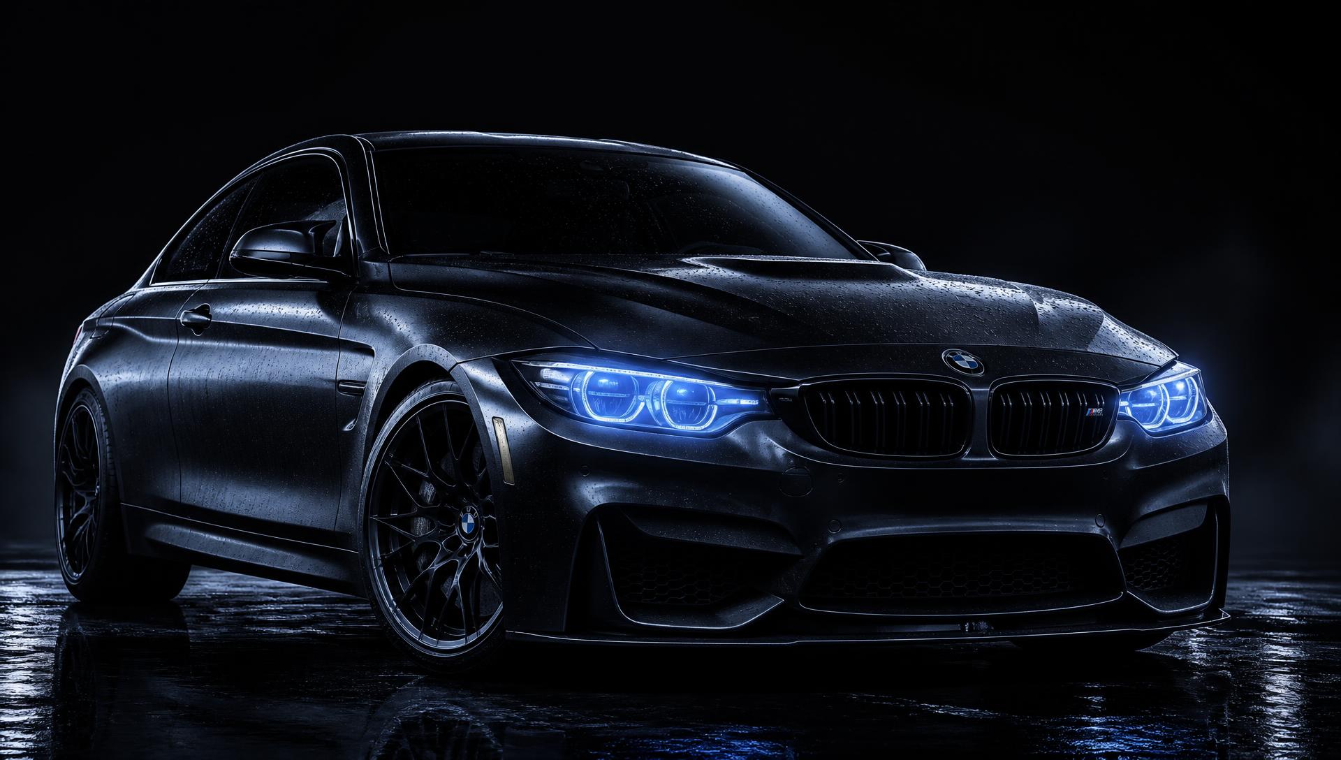 Freshly detailed black performance car with glowing blue headlights